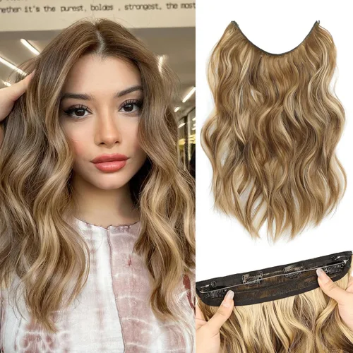 Vista 29 de MORICA Extensiones de cabello con alambre invisible, 20 pulgadas, rubio, largo, ondulado, sintético, con alambre transparente, tamaño ajustable, 4
