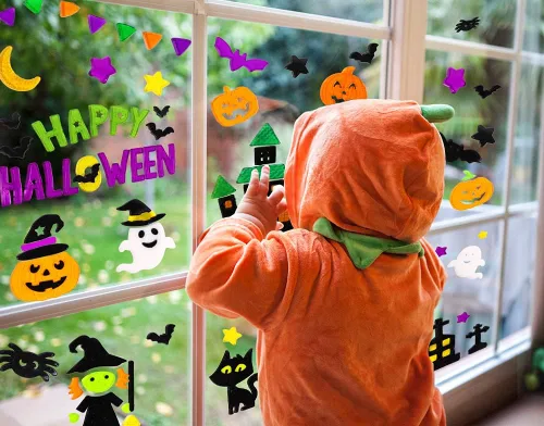 Vista 6 de JOICEE 6 adhesivos de gel para ventana de Halloween, calabazas, brujas, murciélagos, arañas, decoración de ventana