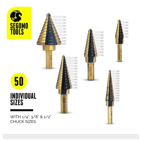 Vista 3 de Segomo Tools SDS5SAE - Juego de brocas escalonadas de 50 tamaños HSS de 5 piezas con caja de aluminio, broca escalonada, broca de cono, juego