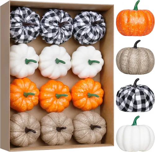 Super Holiday 12 calabazas artificiales, 4 colores de espuma de imitación de calabazas decorativas para otoño cosecha, fiesta temática de boda,
