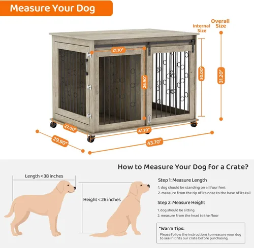Vista 5 de IchbinGo Mueble de jaula grande para perros con puerta corrediza de granero, mesa auxiliar de madera de 43.7 pulgadas con ruedas y placa abatible