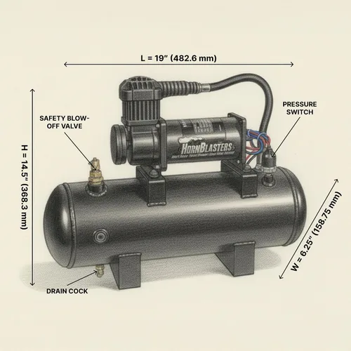 Vista 2 de Hornblasters Conductor's Special 228H - Kit de bocina de tren todo en uno de 2 galones y 150 PSI - Bocinas fabricadas en EE.UU. - 4 trompetas