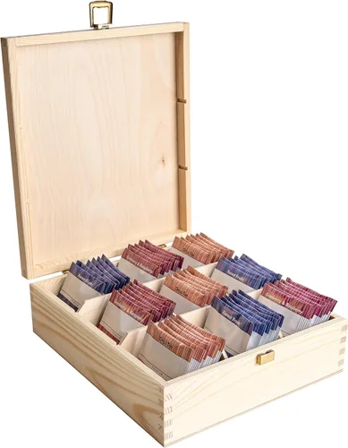 Vista 9 de Creative Deco Caja de té de madera sin pintar con tapa, 6 compartimentos, 8.3 x 6.3 x 2.8 in, madera natural, organizador de compartimento de lujo