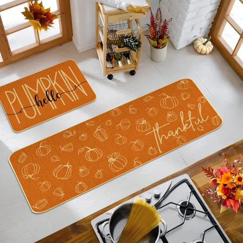 Vista 5 de Juego de 2 tapetes de cocina de otoño naranja con texto en inglés "Hello Pumpkin" para decoración del hogar, tapetes de cocina de bajo perfil
