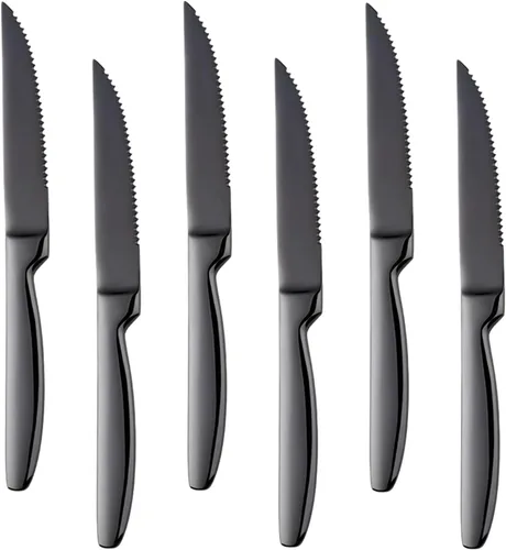 Juego de cuchillos negros para carne, 6 cuchillos de acero inoxidable para carne, fáciles de limpiar y antiadherentes, 8.6 pulgadas, aptos para