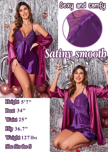 Vista 3 de Avidlove - Lencería para mujer, camisón corto de satén con encaje y cuello en V, minicamisola sensual
