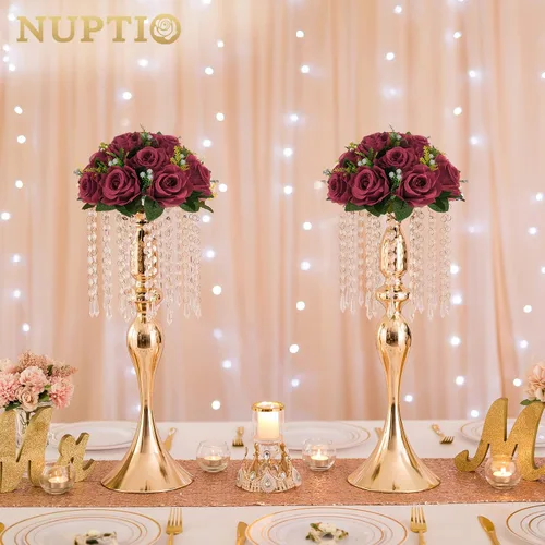 Vista 9 de NUPTIO Arreglo de Bolas de Flores en Ramo - 2 Piezas de 9.5 Pulgadas de Diámetro Bolas de Flores Falsas Carmesí Rosas para Centros de Mesa Mesas