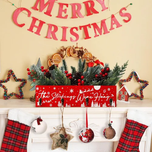 Vista 2 de Geetery Caja de madera de Navidad con colgador de calcetines, soporte para calcetines de Navidad para mantel multiusos, caja de centro de mesa