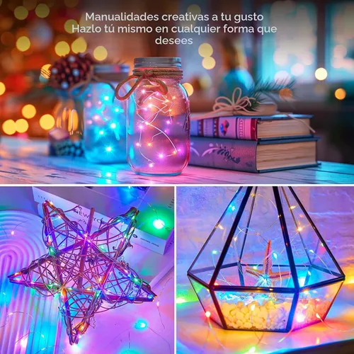 Vista 4 de Guirnaldas de luces enchufables, de 33 pies, 100 luces LED impermeables de alambre plateado, adaptador incluido, cable de luces estrelladas