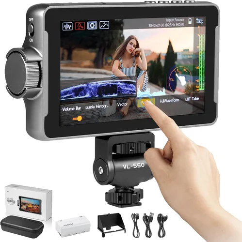 VILTROX DC-550 Cámara de pantalla táctil DSLR Monitor de campo 4K HDMI 5.5 pulgadas Monitor de cámara con batería/parasol capó, 1200 liendres, 3D