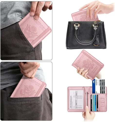 Vista 4 de WALNEW Soporte para pasaporte para viajes, funda de pasaporte RFID para mujeres y hombres, funda de piel sintética para pasaporte con soporte