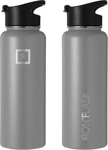 Vista 100 de IRON °FLASK - Botella deportiva de 14, 18, 22, 32, 40, 64 o 128 onzas, 3 tapas (boquilla), acero inoxidable aislado al vacío, doble pared moderna