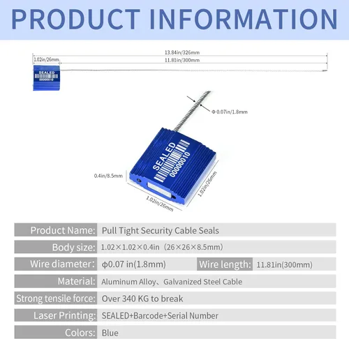 Vista 3 de 100 sellos de cable de acero azul con código de barras, sellos numerados para camiones de alta seguridad, lazos de seguridad autobloqueantes