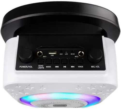 Vista 3 de RockJam Máquina de karaoke Bluetooth recargable de 10 vatios con dos micrófonos, espectáculo de luz y efectos de voz