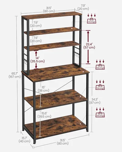 Vista 3 de VASAGLE Coffee Bar, 31.5 Inches Baker's Rack for Kitchen with Storage, 6-Tier Kitchen Shelves with 6 Hooks, Microwave Stand, Industrial, Rustic