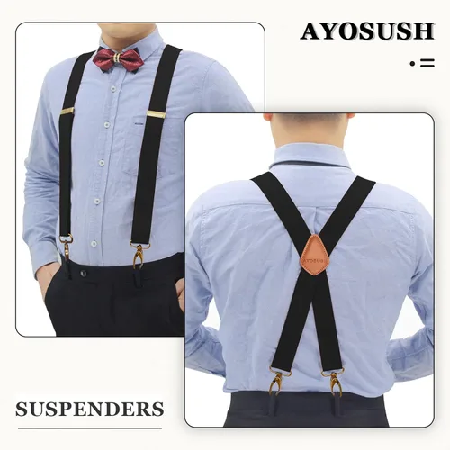Vista 6 de AYOSUSH Tirantes vintage para hombre resistentes 4 ganchos a presión para trabillas para cinturón ajustables espalda en X Bronce