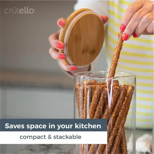 Vista 4 de Crutello Recipiente de vidrio para almacenamiento de alimentos con tapa de bambú, recipiente hermético transparente para organización de cocina