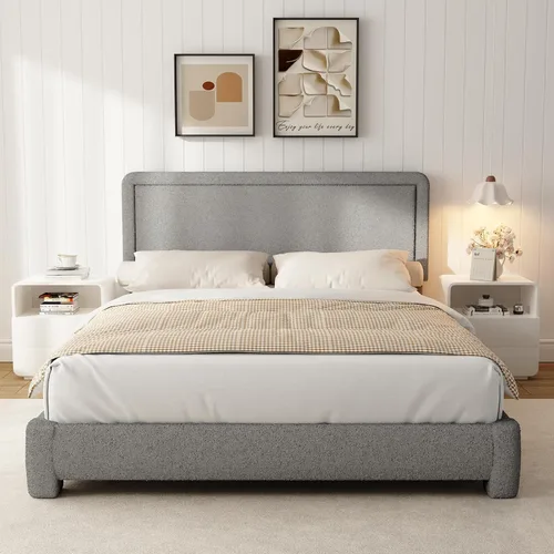 Vista 11 de Marco de cama Boucle de tamaño Queen, marco de cama tapizado Cloud con cabecera ajustable, esquinas redondeadas suaves, no requiere somier, fácil