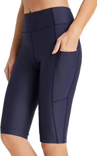 BALEAF Pantalones cortos de natación largos hasta la rodilla para mujer UPF 50+ de cintura alta, pantalones capri con bolsillos