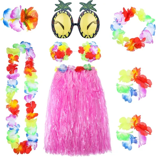 8 Pieces Hawaiian Grass Hula Skirt Costume Set Necklace Garland Bracelet Bikini Top for Women Tropical Luau Party Decoration