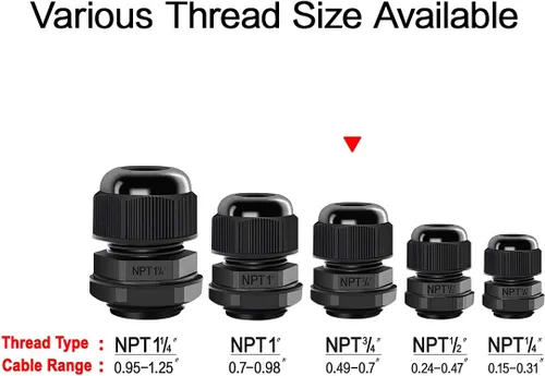 Vista 81 de LeMotech Paquete de 5 prensaestopas NPT de 1-1/4 pulgadas, impermeables, ajustables, conectores de cable de 0.945-1.260 in, juntas de nailon negro