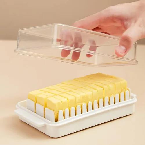 Vista 7 de Mantequillera con tapa, recipiente de mantequilla transparente para refrigerador y encimera, caja de corte de mantequilla, bandeja de mantequilla