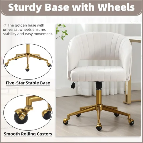 Vista 79 de ABET Silla de escritorio con ruedas, silla de terciopelo para oficina en casa, sillón giratorio con base dorada, sillas decorativas modernas
