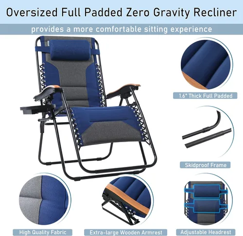 Vista 4 de PHI VILLA Sillón de descanso acolchado extra grande XL de gravedad cero, reposabrazos anchos reclinables ajustables con soporte para tazas, soporta