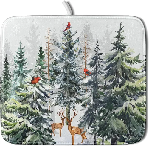 Vista 110 de Tapete de secado de platos con diseño de pájaro rojo de Feliz Navidad, absorbente y de secado rápido, protector para encimera de cocina, 18 x 24