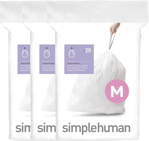 simplehuman Código M - Bolsas de basura con cordón de ajuste adaptable en paquetes dispensadores, 45 litros/12 galones, color blanco, 60 unidades