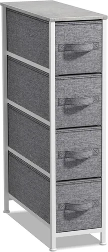Vista 13 de Sorbus Cómoda estrecha con 4 cajones - cómoda de almacenamiento vertical delgada con marco de acero, parte superior de madera y contenedores de tela