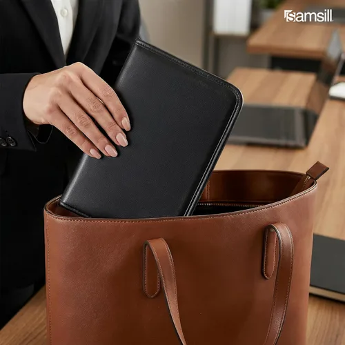 Vista 10 de Samsill Professional Padfolio, cartera mini de piel sintética, con bloc de notas de 5 x 8, color negro