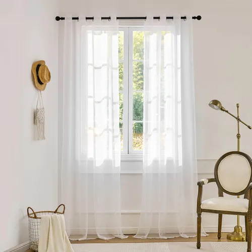 Vista 14 de 2 paneles de cortinas traslúcidas color beige con ojales y ojales de aluminio de 63 pulgadas de largo, cortinas semitransparentes para sala de estar