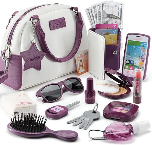 Star Princess - Bolsa con accesorios y maquillaje de juguete, mi primer set de bolso incluye bolsa de mano, teléfono, cartera, maquillaje de juguete