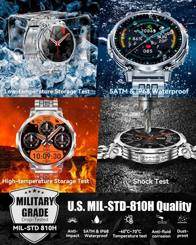 Vista 7 de Relojes inteligentes militares para hombres con llamada Bluetooth, pantalla HD de 1.85 pulgadas, reloj inteligente impermeable con linterna, 114
