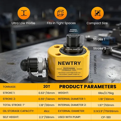 Vista 3 de NEWTRY Gato Hidráulico Ram Jack 20T Cilindro Hidráulico de Perfil Bajo Ram Jack Multisección Carrera de 1.2" Cilindro de Elevación Mini, Portátil