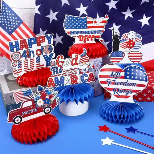 Vista 5 de JULMELON 8 piezas de decoración de mesa del 4 de julio, centros de mesa 3D de doble cara del 4 de julio para mesas, decoración patriótica