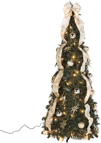 Árbol de Navidad desplegable plateado y dorado de 4 pies de Holiday Peak Totalmente decorado, se pliega para un fácil almacenamiento