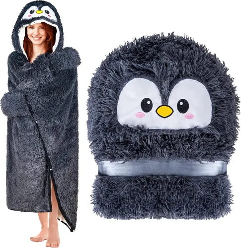 Manta con Capucha de Pingüino Usable para Adultos - Pelusa Súper Suave de Piel Sintética Lanuda, Manta Cálida y Acogedora de Forro Polar Afelpado y