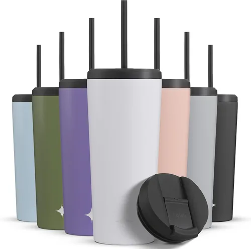 Vista 12 de JoyJolt Vaso de 20 onzas con triple aislamiento con tapa y popote (2 cada uno) de acero inoxidable de doble pared al vacío, con forro de cobre
