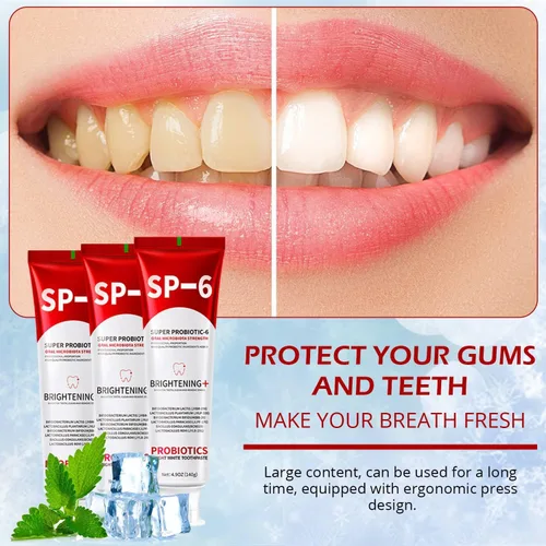 Vista 4 de Pasta dental blanqueadora con probióticos SP-6 - Probióticos para blanquear dientes y salud de las encías - Segura para el esmalte, sin flúor, sabor
