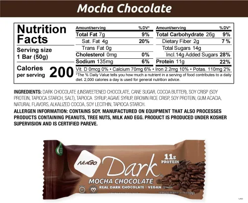 Vista 8 de NuGo Moca de chocolate oscuro, 0.39 oz de proteína vegana, 200 calorías, sin gluten, 24