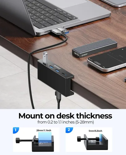 Vista 5 de ORICO Hub USB 3.0, Hub USB con Abrazadera con Puerto de Alimentación Extra, Adaptador USB de Aluminio de 4 Puertos con 3 Puertos de Datos USB-A