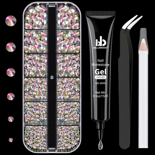 Vista 20 de Kit de pedrería para uñas BELLEBOOST, 15ml de pegamento de gel con strass + gemas coloridas + cristales de vidrio flatback AB y gemas transparentes
