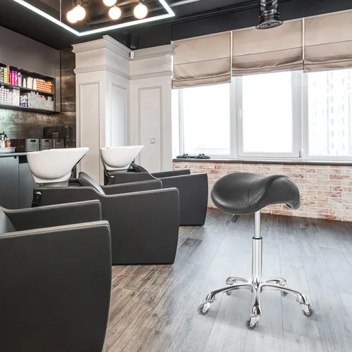 Vista 2 de Antlu Silla de Sillín para Clínica de Masaje, Spa, Salón, Corte, Silla Giratoria con Ruedas, Altura Ajustable (Negro)