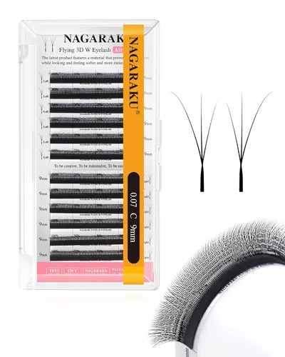 Vista 387 de NAGARAKU Extensión de pestañas en forma de W 3D con volumen en racimo, abanico prefabricado, pestañas postizas de visón sintético mate negro
