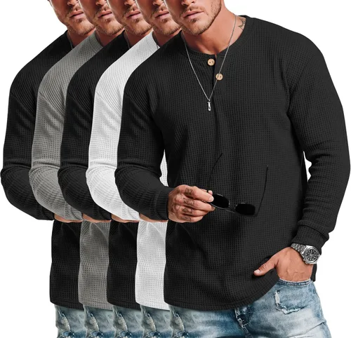 Vista 5 de Ficerd Paquete de 5 camisas de manga larga para hombre Waffle Henley