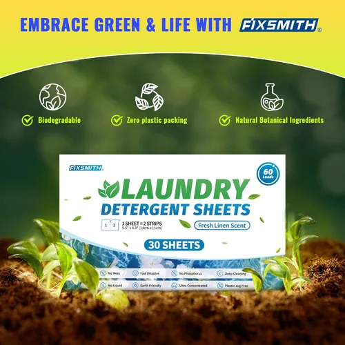 Vista 5 de FIXSMITH Hojas de detergente para ropa – 60 cargas (30 hojas) aroma de lino fresco – Hipoalergénico, tiras de detergente para ropa ecológicas