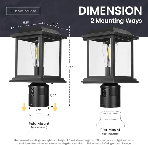 Vista 6 de zeyu Luz de poste con sensor exterior, lámpara de poste de lámpara para exteriores de 12.2 pulgadas, detección de 360°, 4 modos, aluminio fundido a