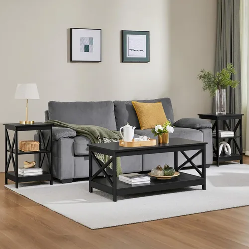 Vista 2 de Yaheetech Juego de mesa de madera de 3 piezas para sala de estar, incluye mesa auxiliar X-Design y dos mesas auxiliares de 3 niveles, muebles Negro
